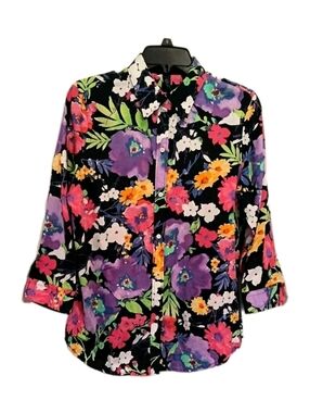 Lauren By Ralph Lauren Top Women's Floral Button-Up Collared Shirt Flip Cuff XL